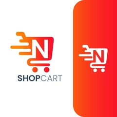 Letter N Shopping Cart Logo, Fast Trolley Shop Icon