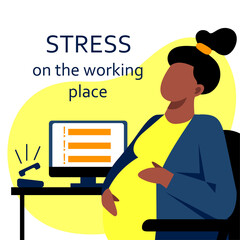 A flat vector image of a black pregnant woman having a stress situation in the office. Life and work balance. A woman making career.