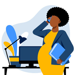 A flat vector image of a pregnant woman speaking by phone in the office. Life and work balance. A woman making career. - 468587377