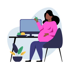 A flat vector image of a pregnant woman eating in the office. Life and work balance. A woman making career. - 468587378