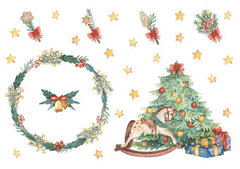 Set of watercolor painted Christmas compositions. Holiday illustrations with decorated tree, rocking horse, gingerbread, wreath, bells, gift boxes and stars for design, stickers and decorations.