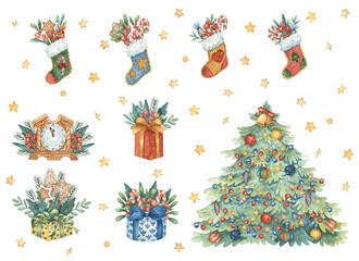 Set of watercolor painted Christmas compositions. Holiday illustrations with decorated tree, gift boxes, watches, Christmas stocking and stars for design, stickers, scrapbooking and decorations.