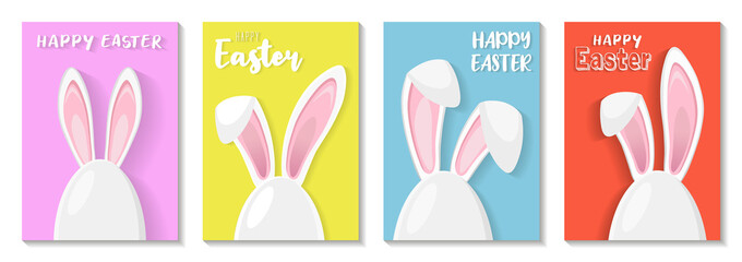 Happy easter greating cards set with egg and cute bunny ears - traditional symbol of holiday. Simple eggs hunt design. Vector illustration for poster, card or banner.