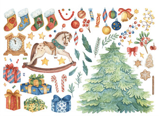 Large set of hand-drawn watercolor Christmas illustrations. Christmas tree, rocking horse, gift boxes, Christmas balls, garlands, sweets, Christmas stocking for design, stickers, decorations.