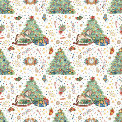 Hand-drawn Christmas pattern with a decorated Christmas tree, gift boxes, garlands, Christmas stocking and sweets. Bright seamless watercolor background for wrapping paper, fabrics and design.