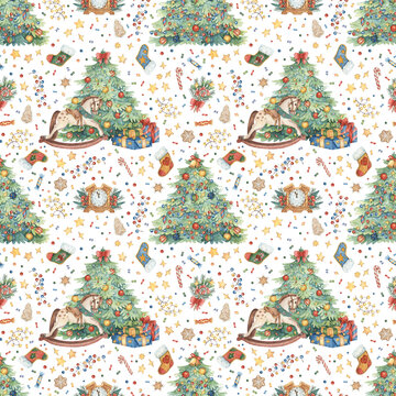 Hand-drawn Christmas pattern with a decorated Christmas tree, gift boxes, garlands, Christmas stocking and sweets. Bright seamless watercolor background for wrapping paper, fabrics and design.