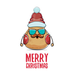 vector rock star santa potato funny cartoon cute character with with red santa hat and calligraphic merry christmas text isolated on white background. rock n roll christmas party poster