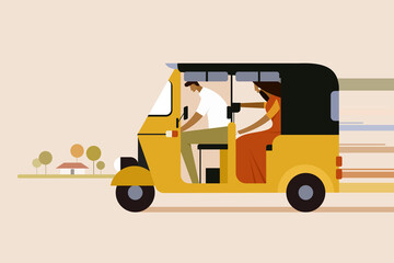 Illustration of a moving Indian three wheeler auto rickshaw with passengers - obrazy, fototapety, plakaty