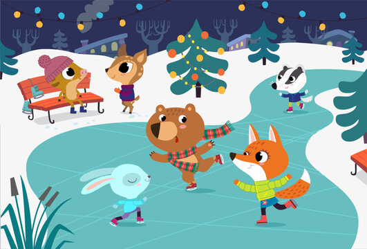 Cute baby animals skate on frozen river. Children have fun in the winter. Little fox, rabbit, badger and bear have fun in the ice rink. Holiday winter background with festive Christmas tree.
