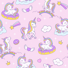 Unicorn seamless pink pattern with unicorns on a rainbow, on a cloud and on a donut. Endless background for textiles, notebooks, cards and children’s birthday celebrations. Vector stock cute texture. © Holovei