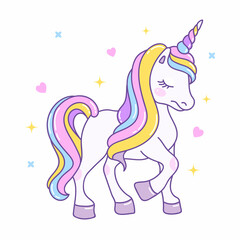 Unicorn on a white background. Cute cartoon pony with a horn. Children's character for birthday celebrations, for cards, stickers and prints.