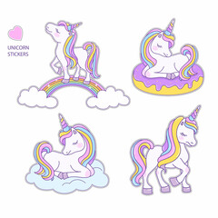 Unicorn stickers isolated on a white background. Unicorn on a rainbow, on a donut and on a cloud. Vector stickers isolated on white background. Fantasy  kids characters. Cute pony with a horn. 
