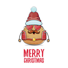 vector rock star santa potato funny cartoon cute character with with red santa hat and calligraphic merry christmas text isolated on white background. rock n roll christmas party poster