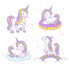 Unicorns set with cute cartoon characters. Unicorn on a cloud, on a donut and on a rainbow. Vector illustration isolated on a white background.