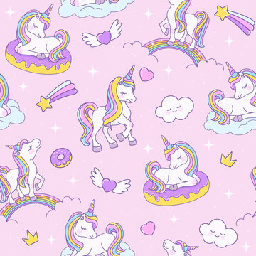 Unicorn seamless pink pattern with unicorns on a rainbow, on a cloud and on a donut. Endless background for textiles, notebooks, cards and children&rsquo;s birthday celebrations. Vector stock cute texture.