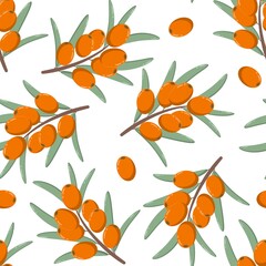 Sea buckthorn seamless pattern, vector illustration. Twigs with berries and leaves, background. Template with orange fresh berries for wallpaper, fabric, packaging.