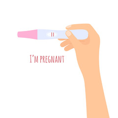 Woman's hand holding positive pregnancy test. Planning baby. Vector illustration
