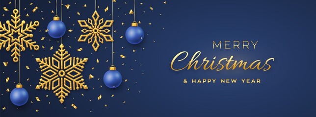 Christmas blue background with hanging shining golden snowflakes and balls. Merry christmas greeting card. Holiday Xmas and New Year poster, web banner. Vector Illustration.