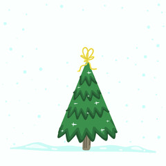 Vector Christmas Tree Isolated from Background. Snow Falling in Holiday Season Xmas and new year graphic template. Modern Tannenbaum tree decorated with lights and ornaments.