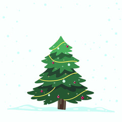 Vector Christmas Tree Isolated from Background. Snow Falling in Holiday Season Xmas and new year graphic template. Modern Tannenbaum tree decorated with lights and ornaments.