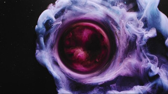 Smoke round frame. Paint water swirl. Color fume mix hypnotic animation. Purple whirl circle motion in blue steam spreading on dark galaxy abstract background with glitter dust.