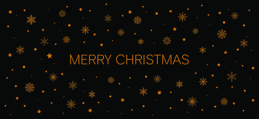 Merry Christmas greeting card. Golden snowflakes, circles and stars on a black background