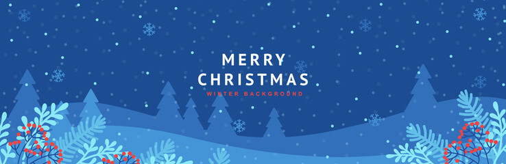 Winter landscape banner template. Merry Christmas and Happy New Year greeting card. Vector editable illustration