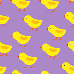 Seamless pattern with chicks. Lilac endless pattern with walking chick. Vector.