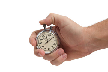 Stopwatch in man hand on white background. Sports, movement and fitness.