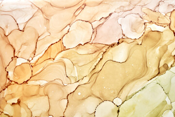 Abstract ocher green watercolor background. Yellow orange brown paint stains and spots in water,...