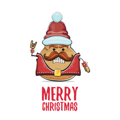 vector rock star santa potato funny cartoon cute character with with red santa hat and calligraphic merry christmas text isolated on white background. rock n roll christmas party poster