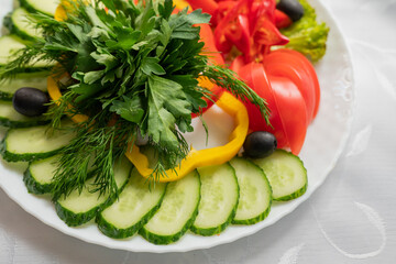 Assorted fresh vegetables on a plate .Dish of cucumbers, paprika, tomato and basil with parsley and cucumber