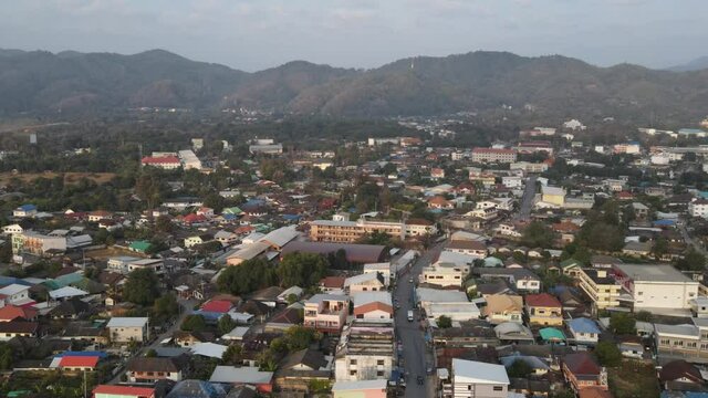Aerial view from a drone that shows the border town of Mae Sai District, Thailand, And international immigration Tachileik District Of Myanmar