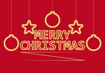 Naklejka na ściany i meble Felicitación de navidad con estrellas y bolas doradas en fondo rojo.