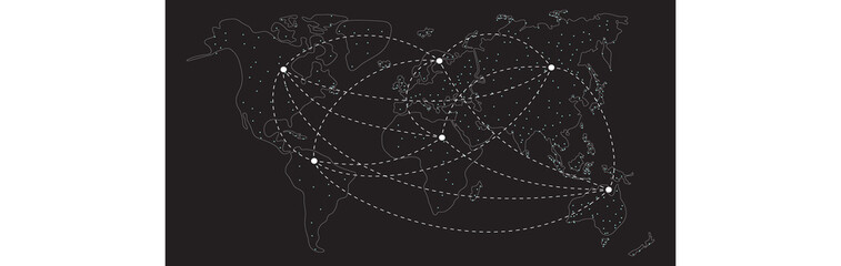 White outline world map with continents on black in banner center. Copyspace left and right. Continents centers connected by dotted lines. International logistics or 4G 5G 6G business concept.