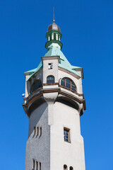 Fototapeta na wymiar Sopot Lighthouse, navigation sign on the Polish Baltic Sea coast next to Sopot pier, Sopot, Poland