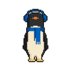 Cartoon penguin in warm headphones and scarf. New Year and Christmas pixel art on white background. Vector illustration. - 468593520