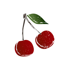 Berry. Cute red сherry with green leaflets. Cartoon sketch, juicy fruit, delicious. Great for postcards, stickers, fabric and textile. White isolated background, vector illustration, print. - 468593574
