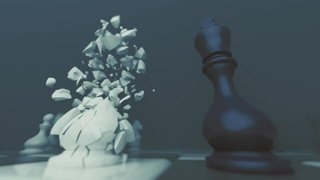 Destruction of chess figures series. Kings facing each other. Symbolic illustration of total war, disagreement, disaster and failure.