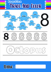 number trace and color. cute octopus. for kids. 