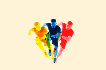 Portrait of professional male athlete, runner isolated on light background with glitch duotone effect. Muscular, sportive man.