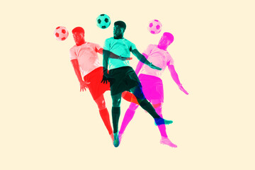Fototapeta na wymiar Artwork. Male soccer, football player jumping with ball with glitch duotone effect. Young sporty model and double colorful shadows