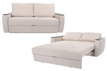 Set of luxury leather sofas on white isolated background. Upholstered furniture for the living room and office. Modern sofas.