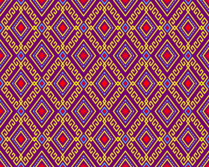 Yellow Blue Tribe or Ethnic Seamless Pattern on Purple Background in Symmetry Rhombus Geometric Bohemian Style for Clothing or Apparel,Embroidery,Fabric,Package Design