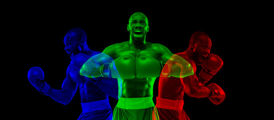 Bright emotions of professional african-american boxer isolated on dark studio background with duotone glitch effect.