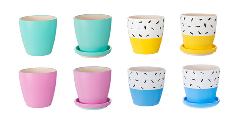collection set Empty ceramic flower pots isolated on white background.