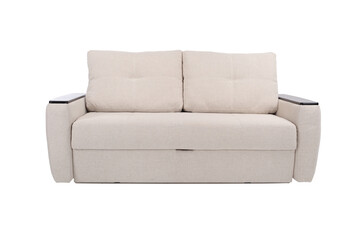 Luxury leather sofa on white isolated background. Upholstered furniture for the living room and office. Modern sofa.