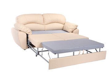 Luxury leather sofa on white isolated background. Upholstered furniture for the living room and office. Modern sofa.