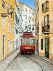 Watercolor illustration of an old town street with some houses and a red tram