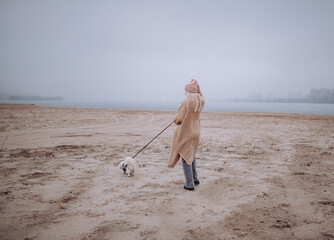 a beautiful girl in a coat walks on the beach with her little dog, a girl in a coat, an autumn beach, a girl in a coat on the sand